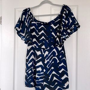Flying Tomato off the shoulder blue and white chevron print romper - size medium